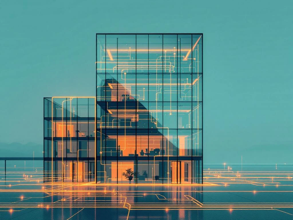 Modern glazen kantoorgebouw met geïntegreerde energienetwerken in blauw, groen en amber tinten voor efficiënt energiebeheer