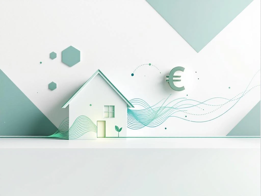 Moderne huissilhouet met groene energiegolven en euro-symbool voor energiebesparingsconsultatie