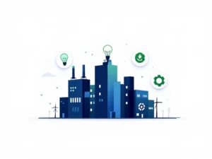 Industrieel gebouw silhouet met groene energie-efficiëntie iconen voor zakelijke kostenreductie en optimalisatie