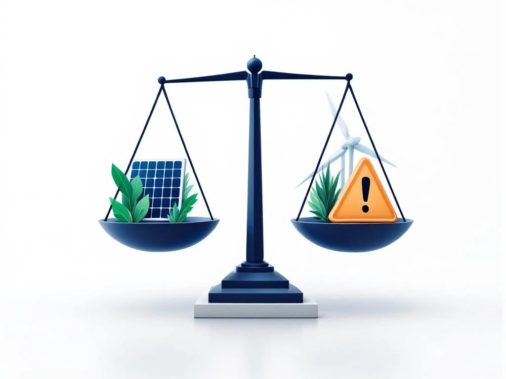 Weegschaal met groene energie-symbolen en waarschuwingstekens, illustreert juridische risico-afweging voor energiecollectieven