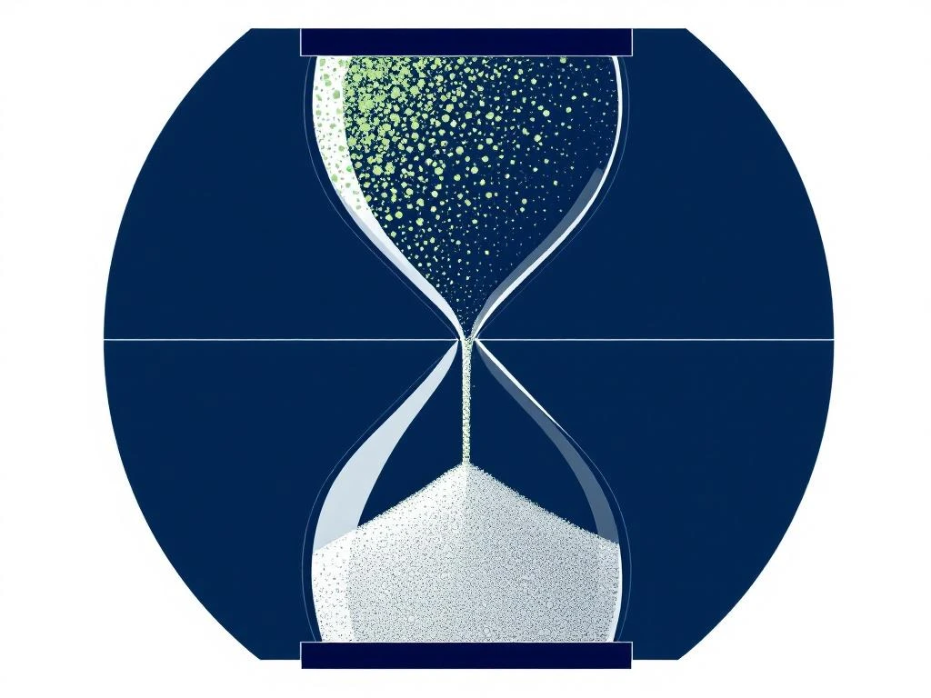 Zandloper in donkerblauw met groene energiepartikels die overgaan naar grijs, symboliseert energiecollectief beslissing