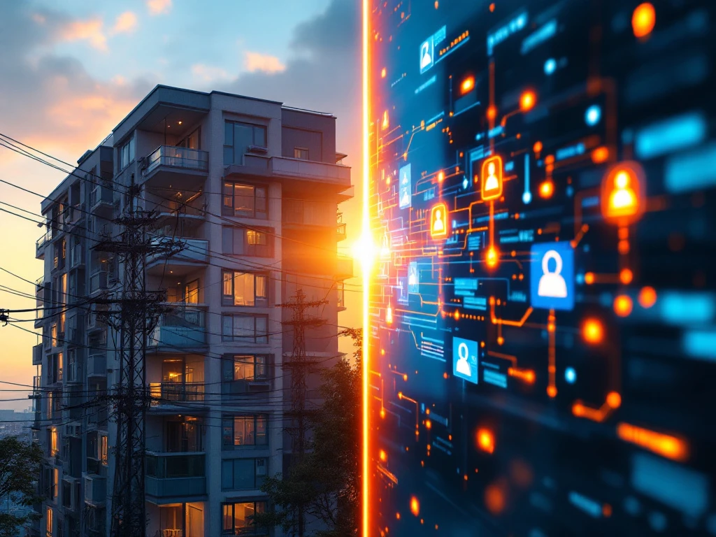 Moderne appartementsgebouw met elektriciteitsnet naast digitaal communicatiedashboard met netwerkverbindingen