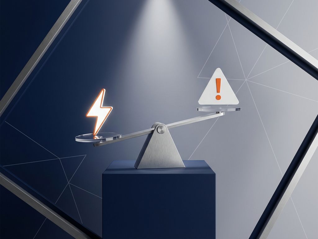 Geometrische weegschaal met groene energie-icoon en waarschuwingsdriehoek op navy-grijze gradiënt achtergrond