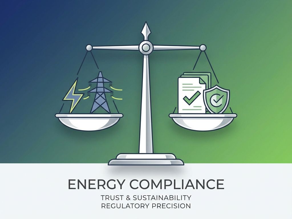 Minimalistische weegschaal met energiesymbolen en juridische documenten voor compliance visualisatie op groene achtergrond