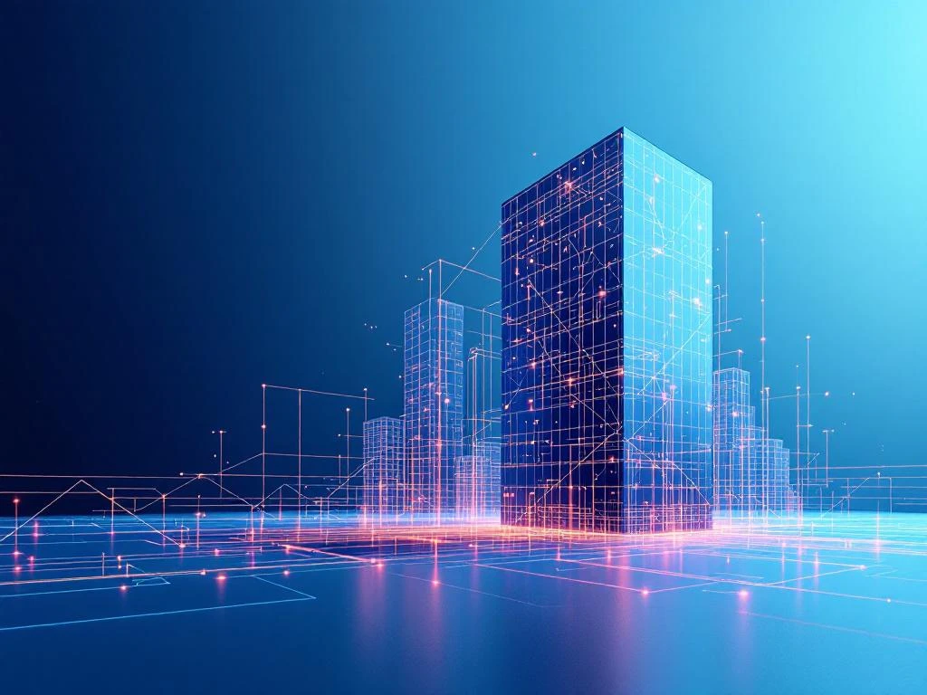 Modern glazen kantoorgebouw met oranje-rode netwerklijnen die energiecongestie tonen op blauwe achtergrond