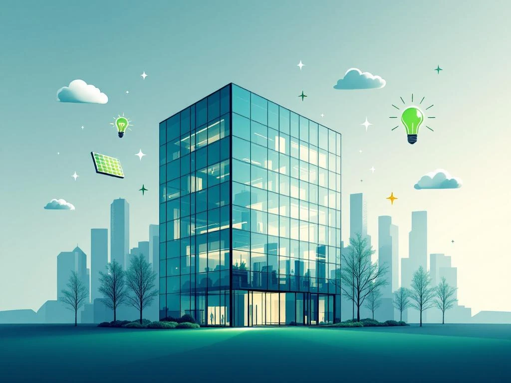 Modern glazen kantoorgebouw met drijvende energie-efficiëntie iconen zoals zonnepanelen en LED-lampen in blauw-groene tinten