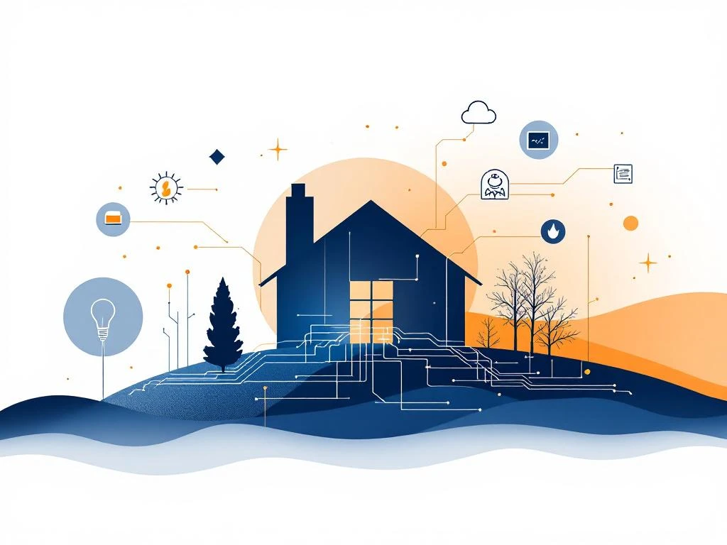Moderne huissilhouet met gloeiende energiecircuits, energiemeter en efficiëntiesymbolen in blauw en amber tinten