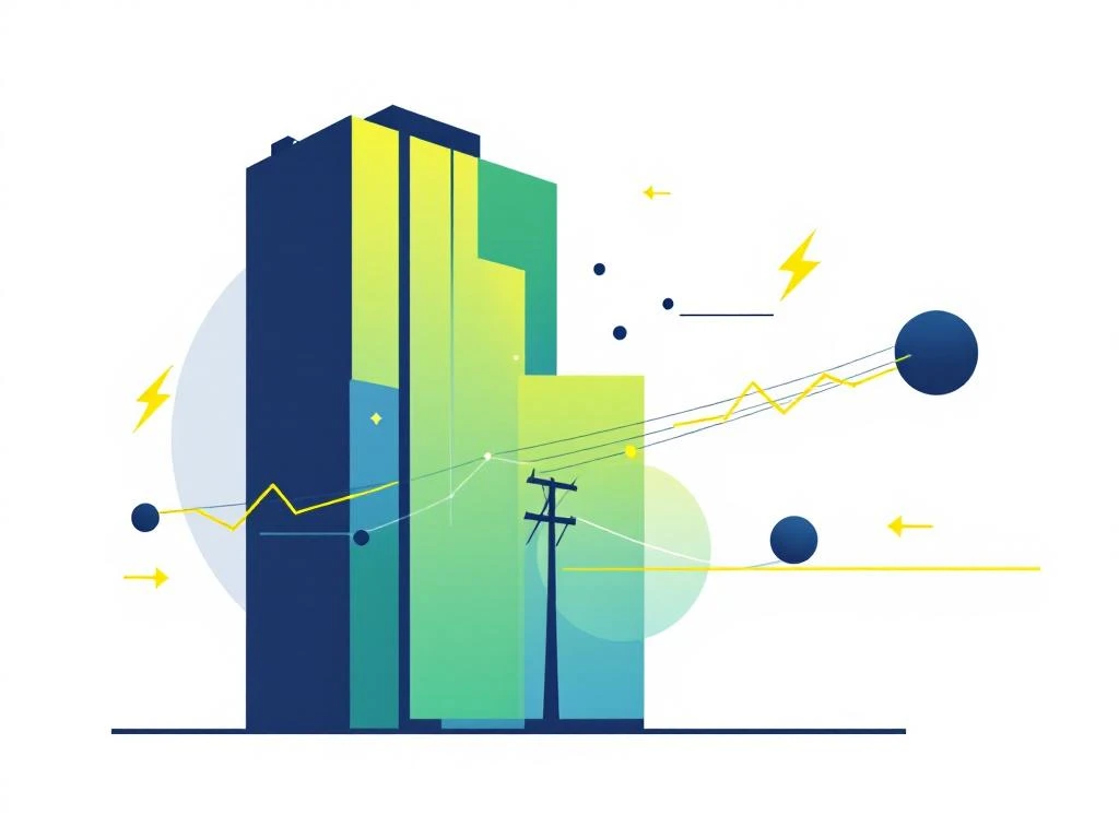 Modern glazen kantoorgebouw met gele bliksemschichten en groene energiegradiënt voor consultancydiensten