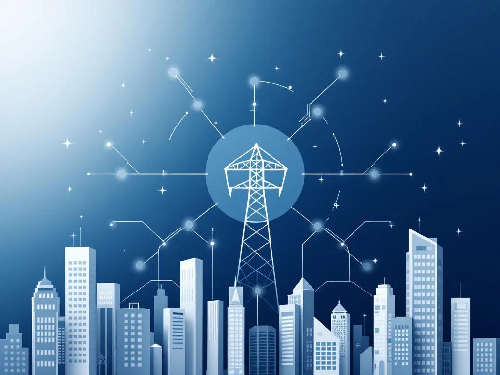 Strak geometrisch ontwerp met energienetwerk-iconen en gebouwsilhouetten in marineblauw en wit kleurenschema