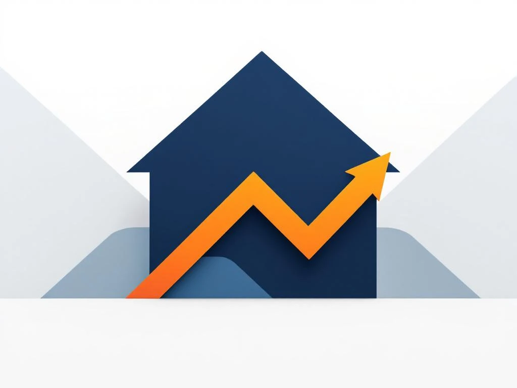 Marineblauw huis silhouet met groene horizontale pijl en oranje zigzag pijl die energiecontracten en prijsvolatiliteit tonen