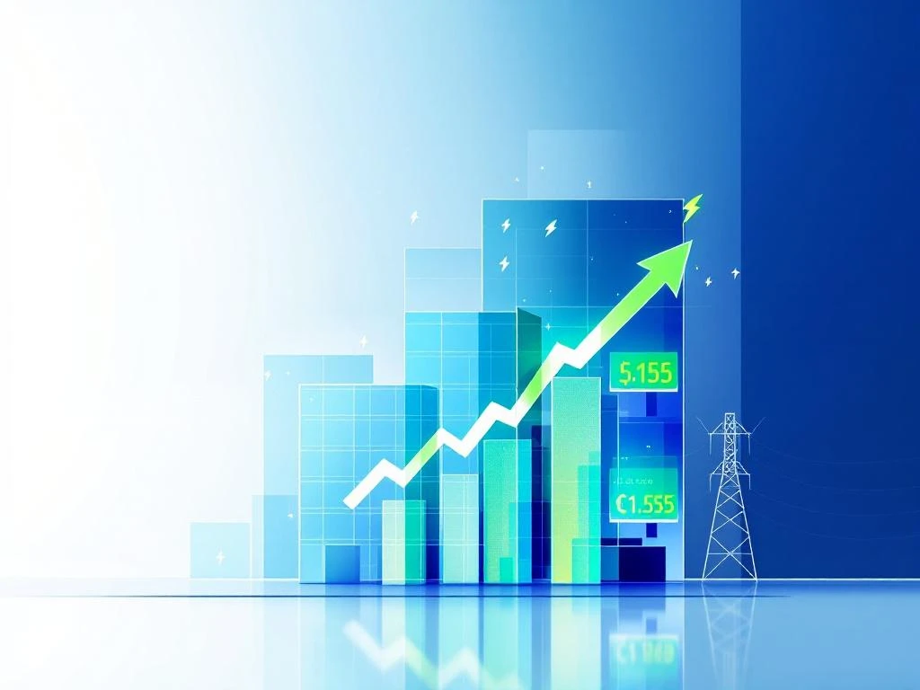 Moderne kantoorgebouw met calculator die stijgende energiekosten toont, gestileerde bliksemschichten op blauwe achtergrond