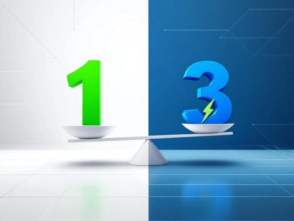 Weegschaal met energiesymbolen tussen kalenders met groene "1" en blauwe "3" voor contractperiodes vergelijking