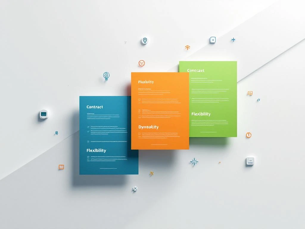 Drie geometrische energiecontracten in blauw, oranje en groen met elektriciteitssymbolen op grijze achtergrond