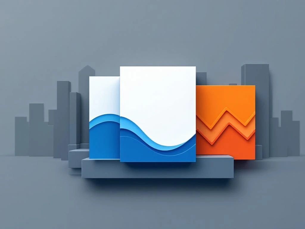 Drie geometrische secties tonen energiecontracttypes: wit blok, blauwe lijnen, oranje zigzag op kantoorgebouwen achtergrond