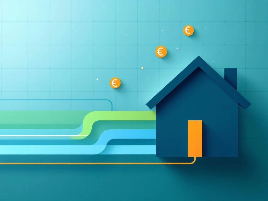 Modern huis met drie gekleurde energiestromen naar euro-symbolen op blauwe achtergrond met geometrisch patroon