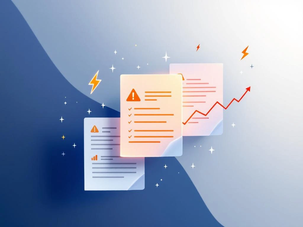 Drie energiecontracten in diagonale opstelling met oranje waarschuwingsindicatoren en prijsvolatiliteitssymbolen op blauwe achtergrond