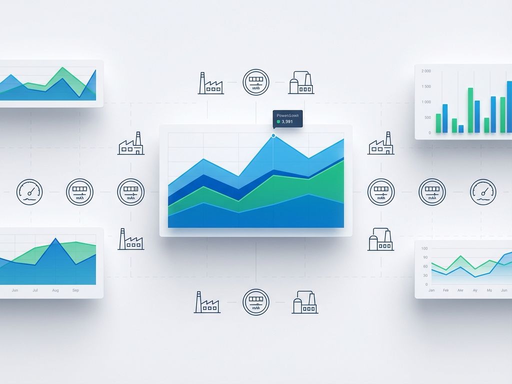 Modern digitaal dashboard met energiemonitoring grafieken, blauwe en groene accenten op witte achtergrond