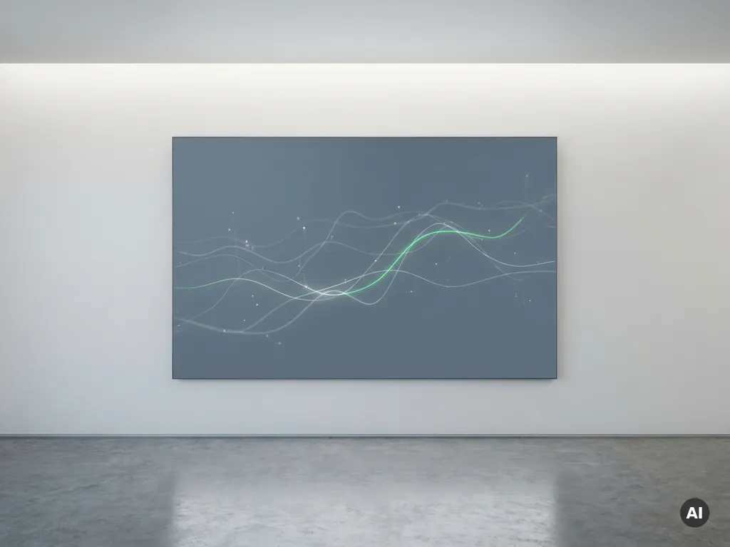 Energiedashboard op witte muur in modern kantoorgebouw met geometrische datavisualisatie in grijs, wit en elektrisch groen.