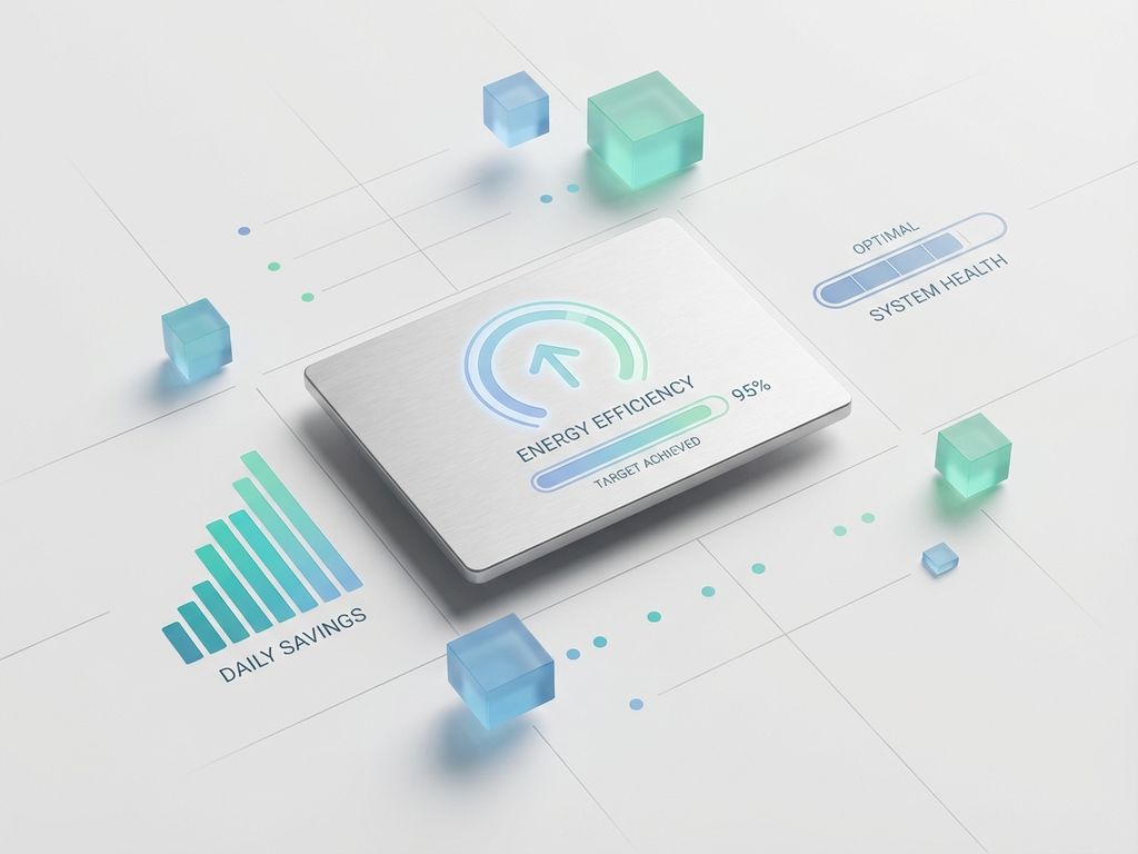 Digitaal dashboard met groene en blauwe voortgangsbalken, energiemeter en pijlen die succesvol energiebeheer tonen