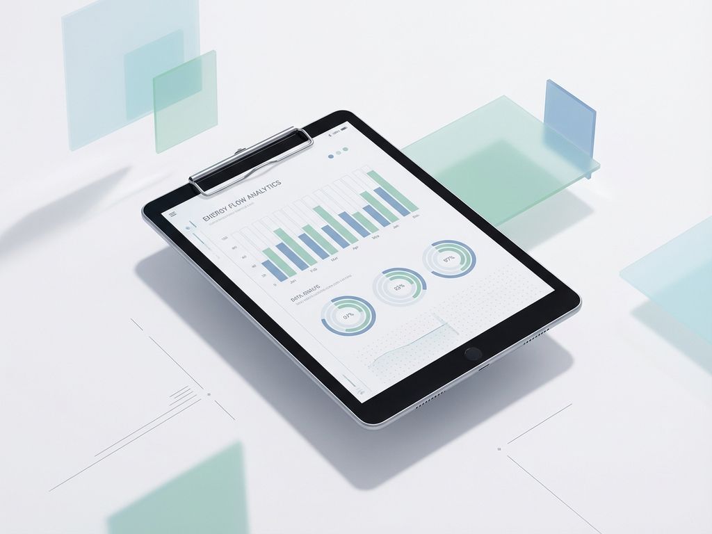 Moderne tablet met energiedata grafieken op witte ondergrond, blauwe en groene geometrische vormen op achtergrond