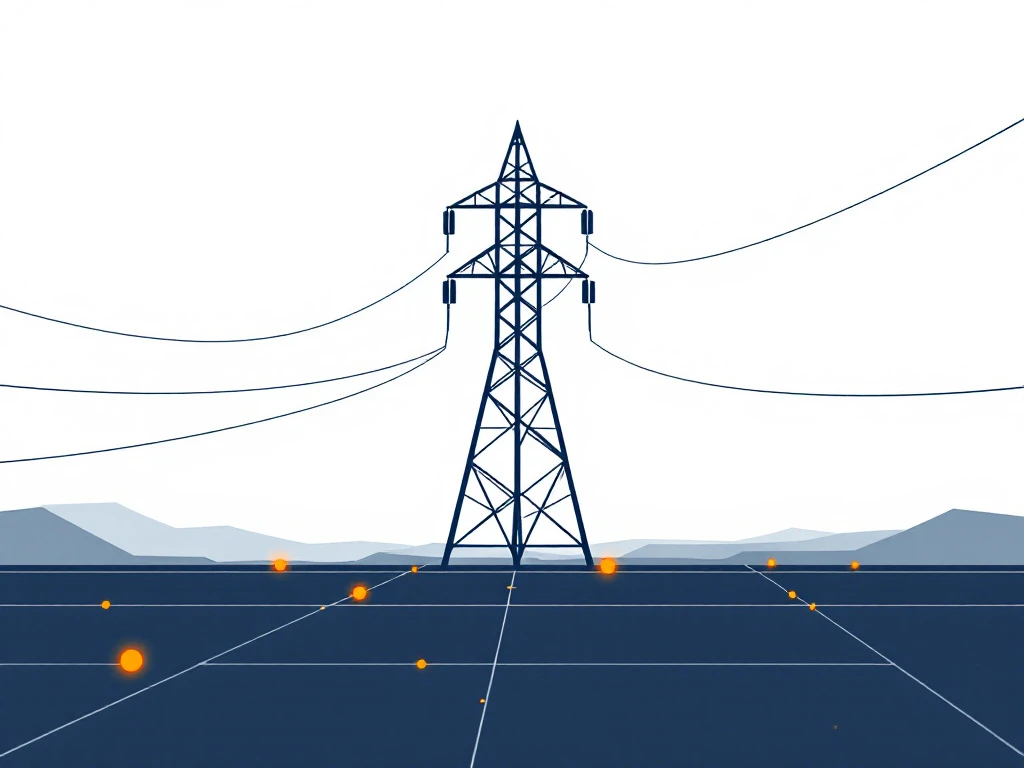 Stroomtransmissiemast op wit met blauw-grijze netwerklijnen en oranje knooppunten voor energiedistributie