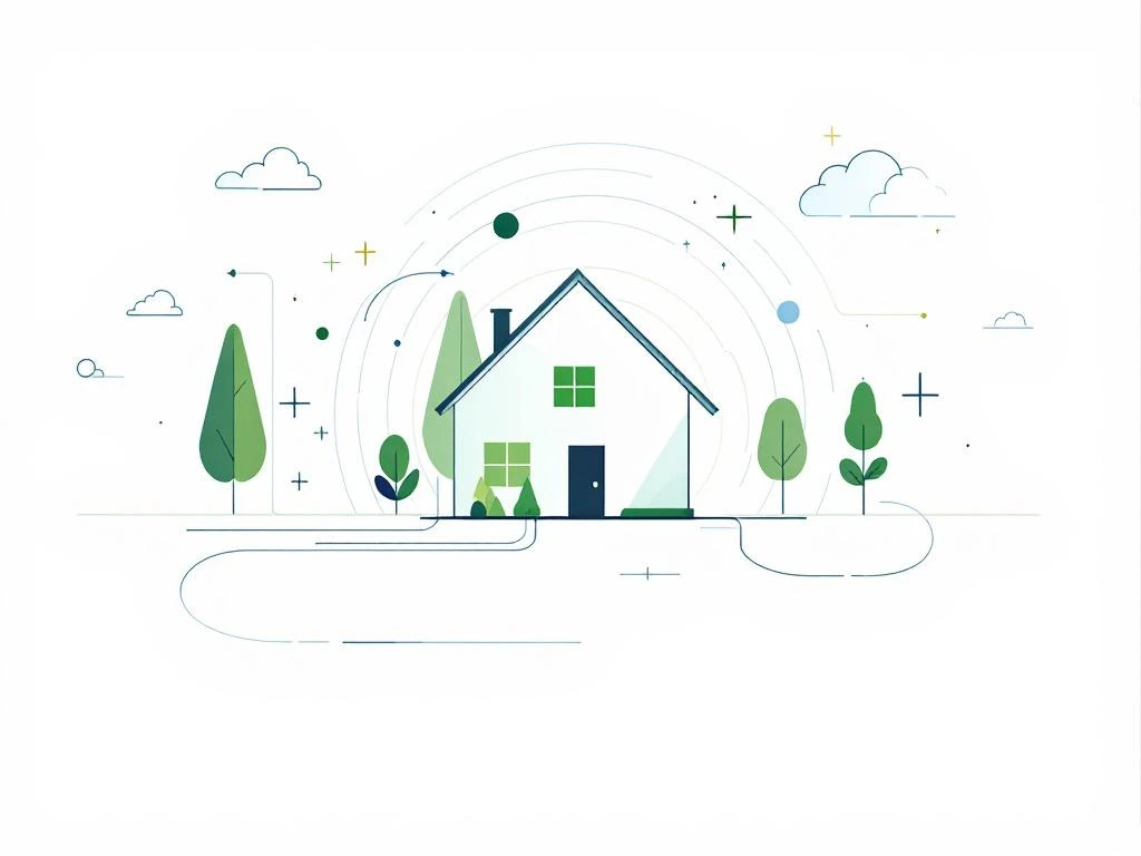 Modern huis silhouet met groene en blauwe energiestromen, zonnepaneel iconen en geometrische vormen op witte achtergrond