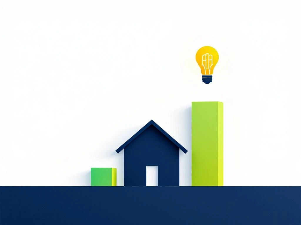 Modern huis silhouet met drie groene energie-efficiëntie balken en LED lamp pictogram op witte achtergrond