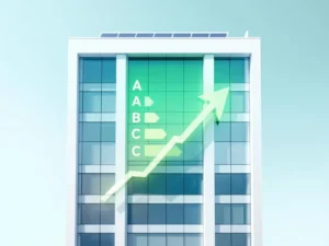 Modern kantoorgebouw met groene energie-efficiëntie labels A, B, C op glazen gevel, zonnepanelen en opwaartse pijl