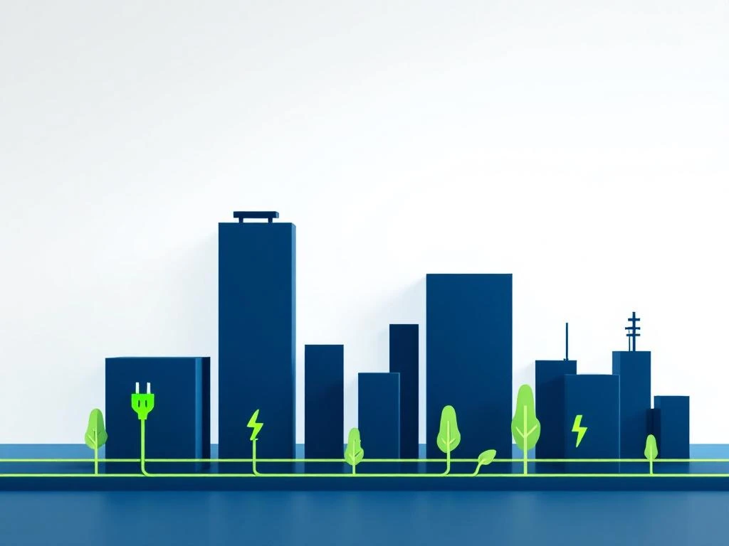 Minimalistische compositie met donkerblauwe gebouwsilhouetten, groene elektrische symbolen en energielijnen op witte achtergrond