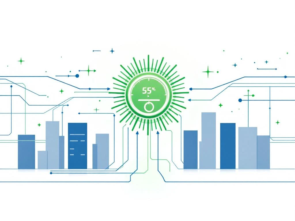 Energiemeter met groen accent in blauw elektriciteitsnetwerk, omringd door pijlen en grijze gebouwsilhouetten