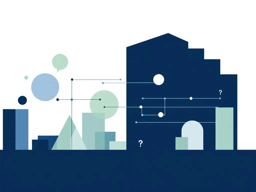 Industrieel gebouw in marineblauw met stroomlijnen naar geometrische vormen die bedrijfssectoren vertegenwoordigen