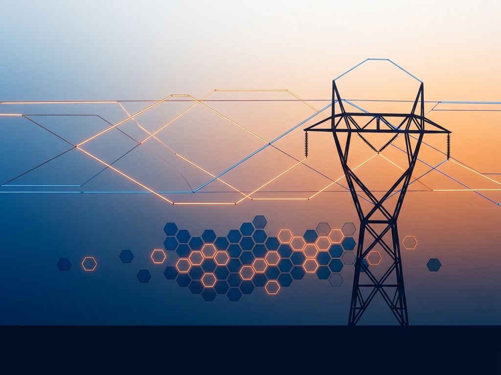 Elektriciteitsmast silhouet met geometrische stroomlijnen en oranje-blauwe accenten op gradiënt achtergrond