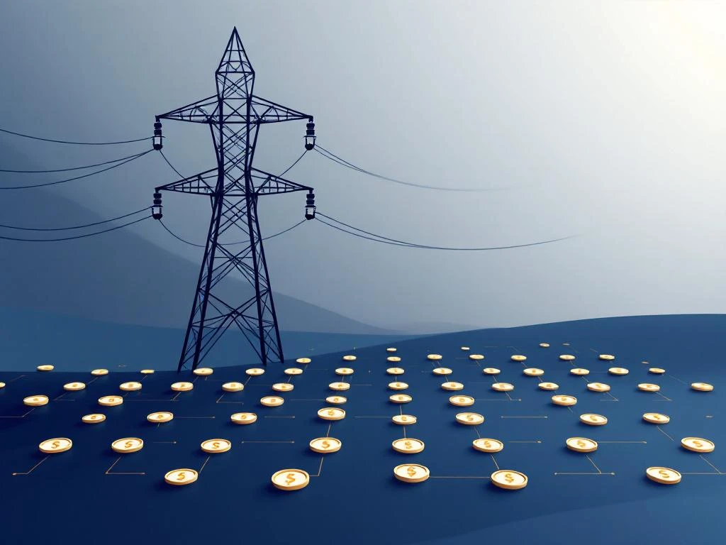 Moderne elektriciteitsmasten verbonden met gouden muntsymbolen die kostenreductie in energieinfrastructuur illustreren