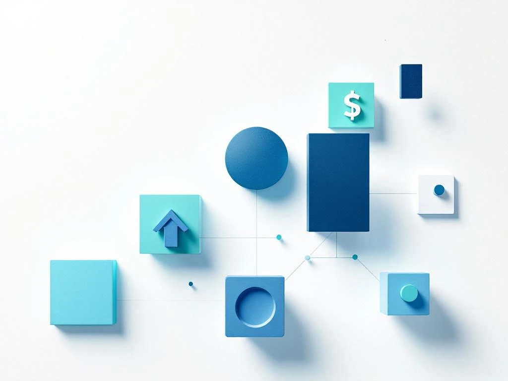 Geometrische vormen in blauw en groen tonen die energiekosten en collectieve besparingen weergeven op witte achtergrond