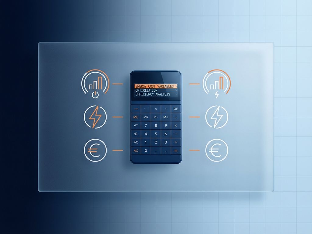 Energiekosten calculator interface met stroommeter grafieken, bliksem iconen en euro symbolen op blauwe gradiënt achtergrond