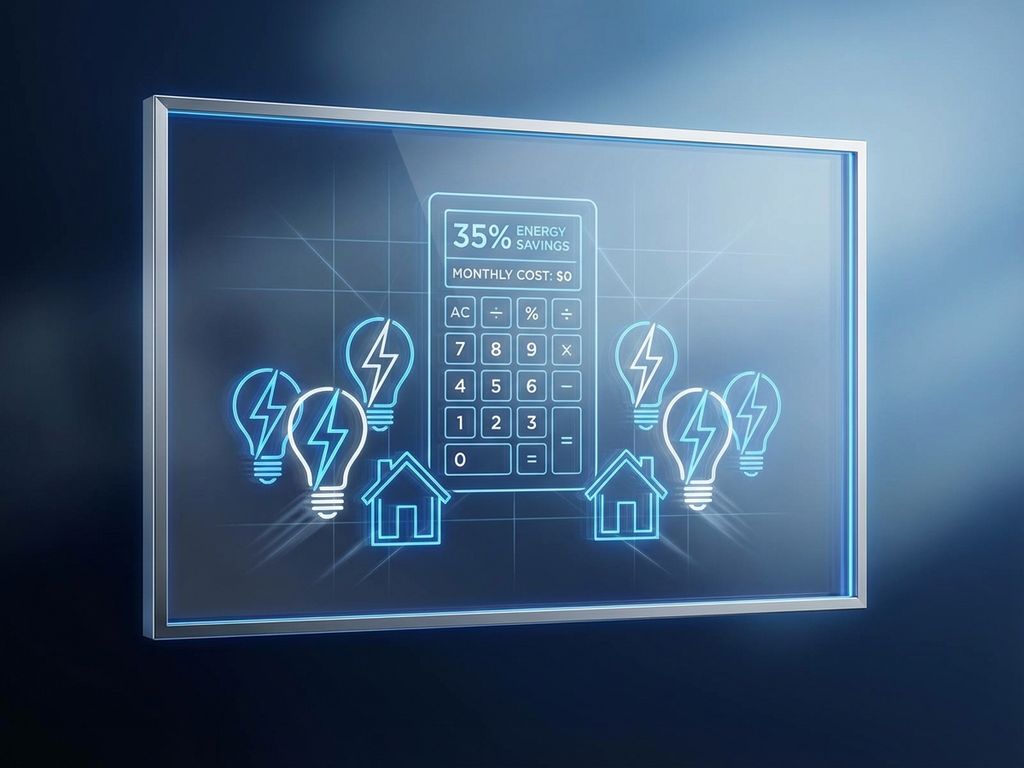 Digitale calculator boven energie-iconen van bliksemschicht en huis op blauwe gradiënt achtergrond voor kostenberekening