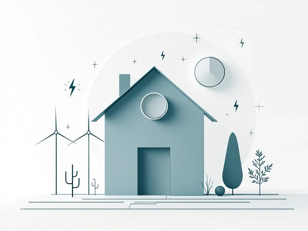 Minimalistisch huis silhouet met energie meters en elektrische symbolen in blauw-grijze tinten op lichte achtergrond