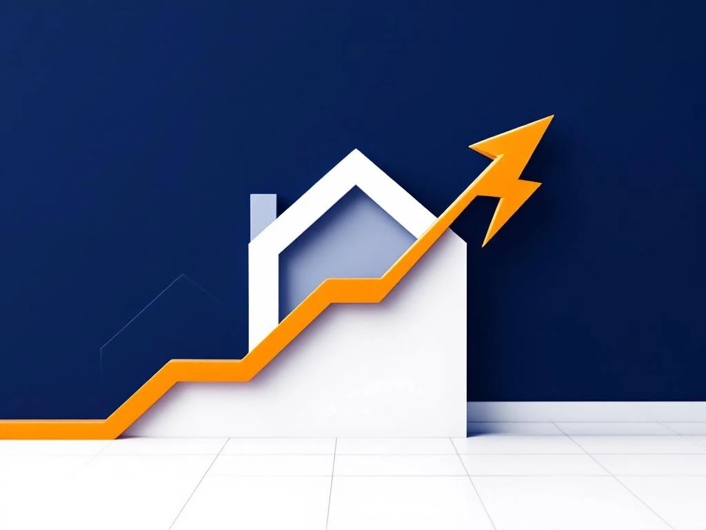 Opwaartse pijl door huis- en bliksemiconen op witte achtergrond, symboliseert stijgende energiekosten in blauw-oranje