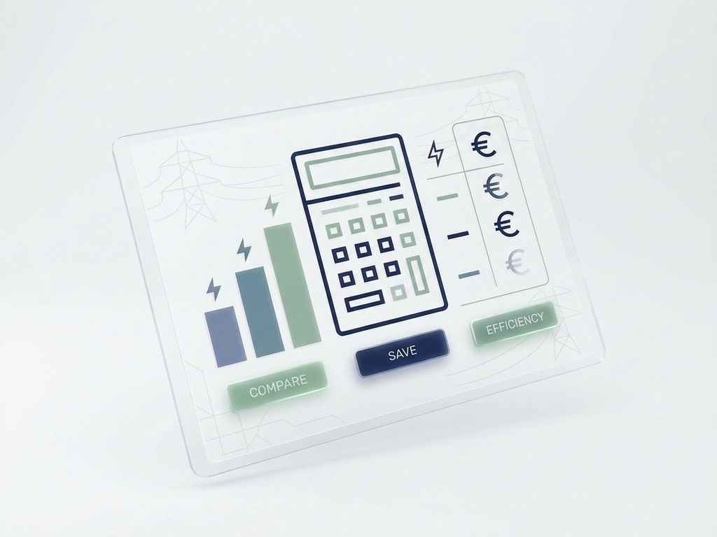 Digitale calculator met vergelijkingsinterface, energie-iconen en stijgende grafieken voor kostenanalyse