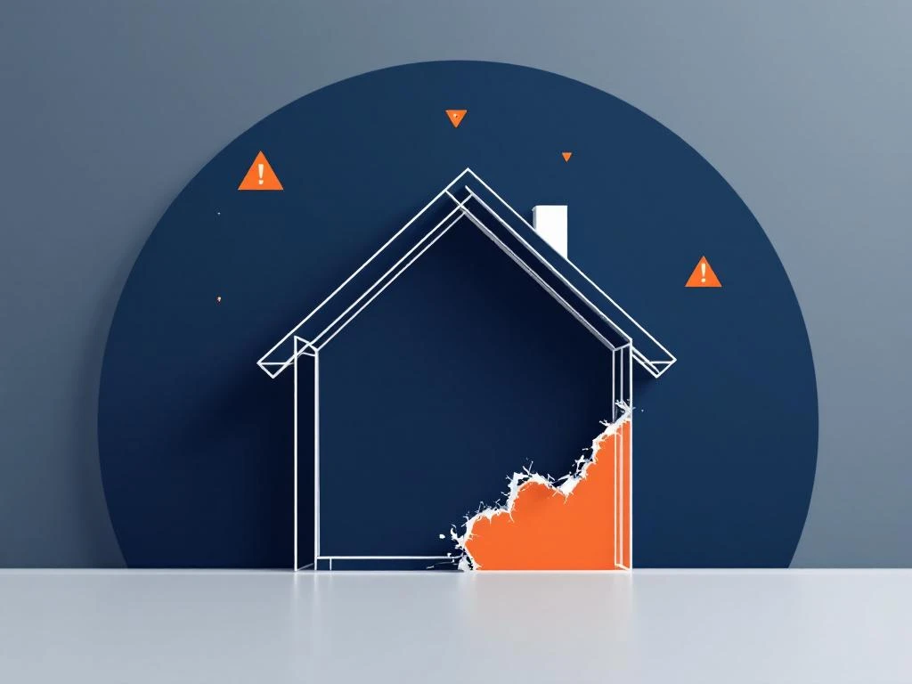 Wit geometrisch huisvormig gebouw met scheuren en oranje waarschuwingssymbolen op marineblauw naar grijze achtergrond