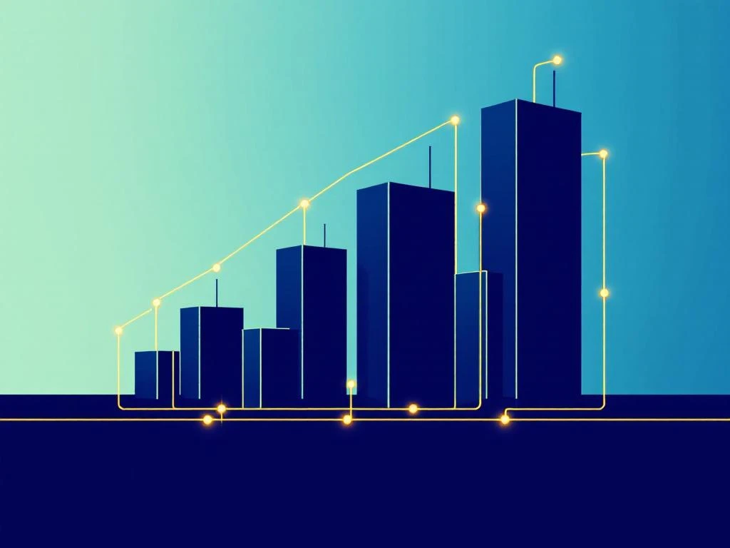 Geometrische gebouwsilhouetten verbonden door gouden energielijnen met oranje energiemeters die kostenverlaging tonen