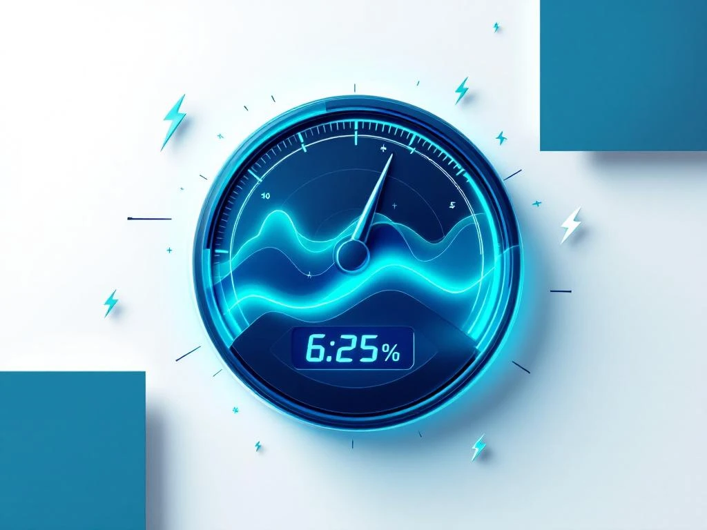 Dynamische energiemeter met blauwe en groene gradiëntlijnen die fluctuerende tarieven toont op witte achtergrond