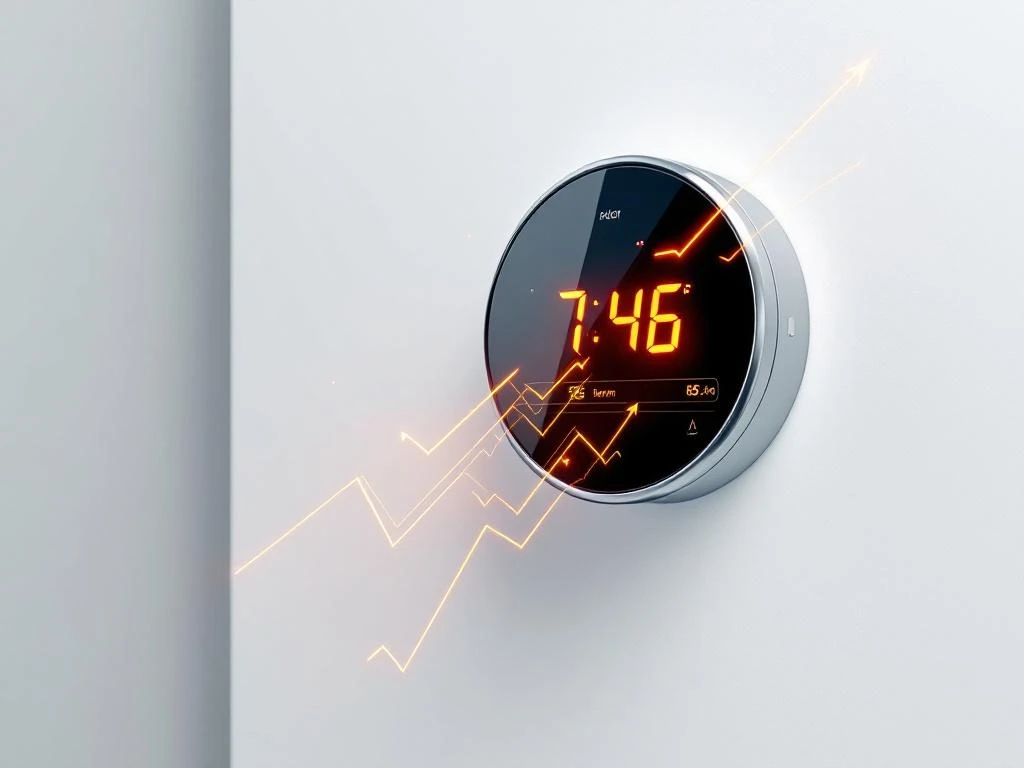 Energiemeter met digitale uitlezing toont fluctuerende waardes met zigzag waarschuwingslijnen en oranje accenten