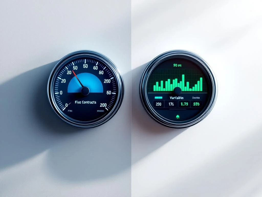 Twee energiemeters in split-screen: blauwe analoge meter voor vaste contracten en groene digitale meter voor variabele tarieven
