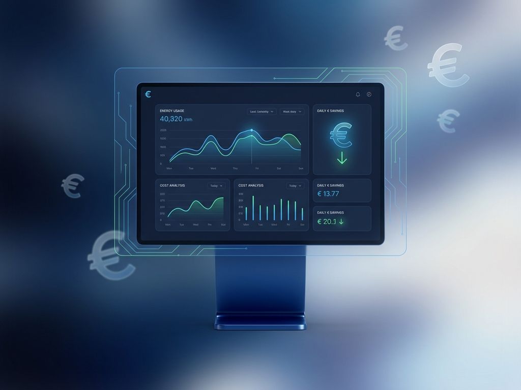 Digitaal scherm toont energiekosten grafieken in blauw en groen met euro symbolen en circuit patronen op de achtergrond