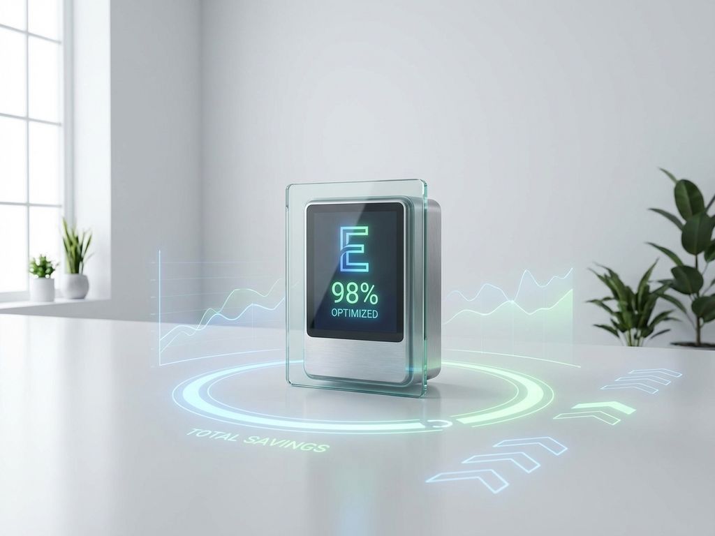 Moderne digitale energiemeter met data visualisaties in blauw en groen voor energie-efficiëntie monitoring