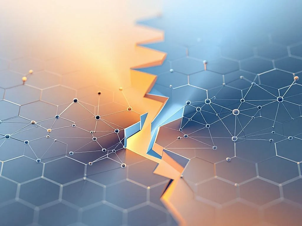 Gefragmenteerd hexagonaal energienetwerk met onderbroken verbindingen en geometrische waarschuwingssymbolen in blauw-oranje