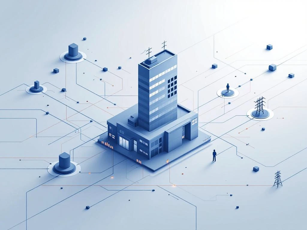 Kantoorgebouw met geometrische energienetwerk lijnen in blauw en grijs, toont netwerkcongestie en energiestroom