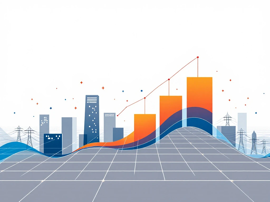 Geometrisch raster met oranje en blauwe lijnen door gebouwsilhouetten, energienetwerk visualisatie met kostenstijging
