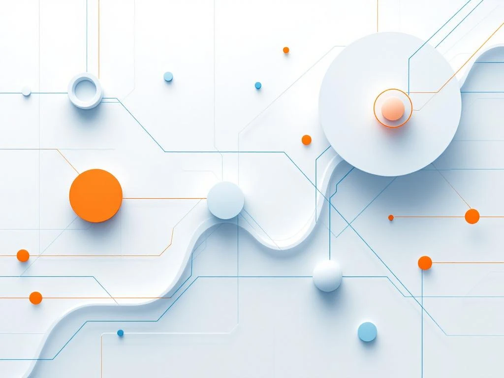 Geometrische vormen in blauw en wit tonen energienetwerk met oranje accenten voor professionele energieadvies diensten